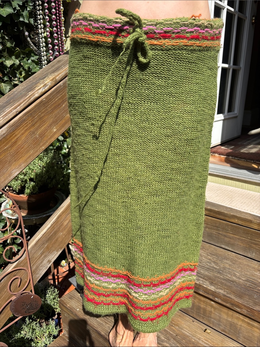 Zara Olive Green Knit Midi Skirt with Pink and Orange Accent